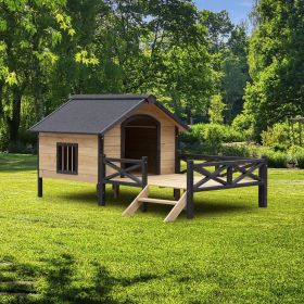 Outdoor Large Wooden Cabin House Style Wooden Dog Kennel with Porch (Color: as Pic)